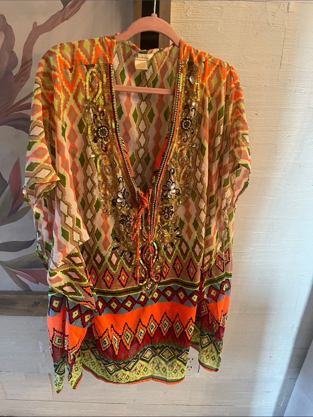 Embellished V-Neck Boho Blouse - Orange & Green